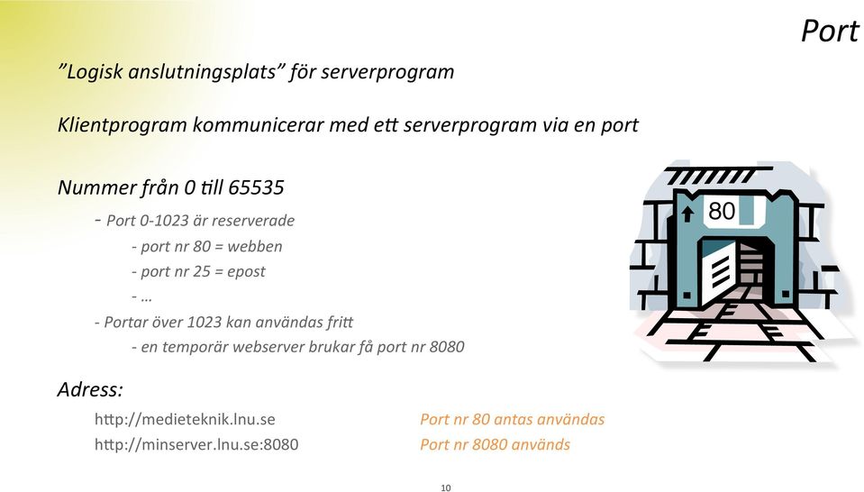 epost - - Portar över 1023 kan användas fri; - en temporär webserver brukar få port nr 8080 80"