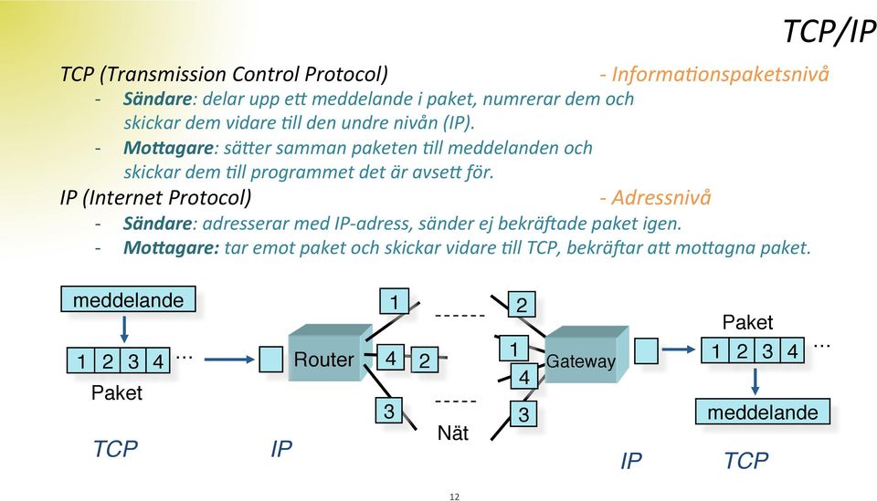 IP (Internet Protocol) - Adressnivå - Sändare: adresserar med IP- adress, sänder ej bekrälade paket igen.