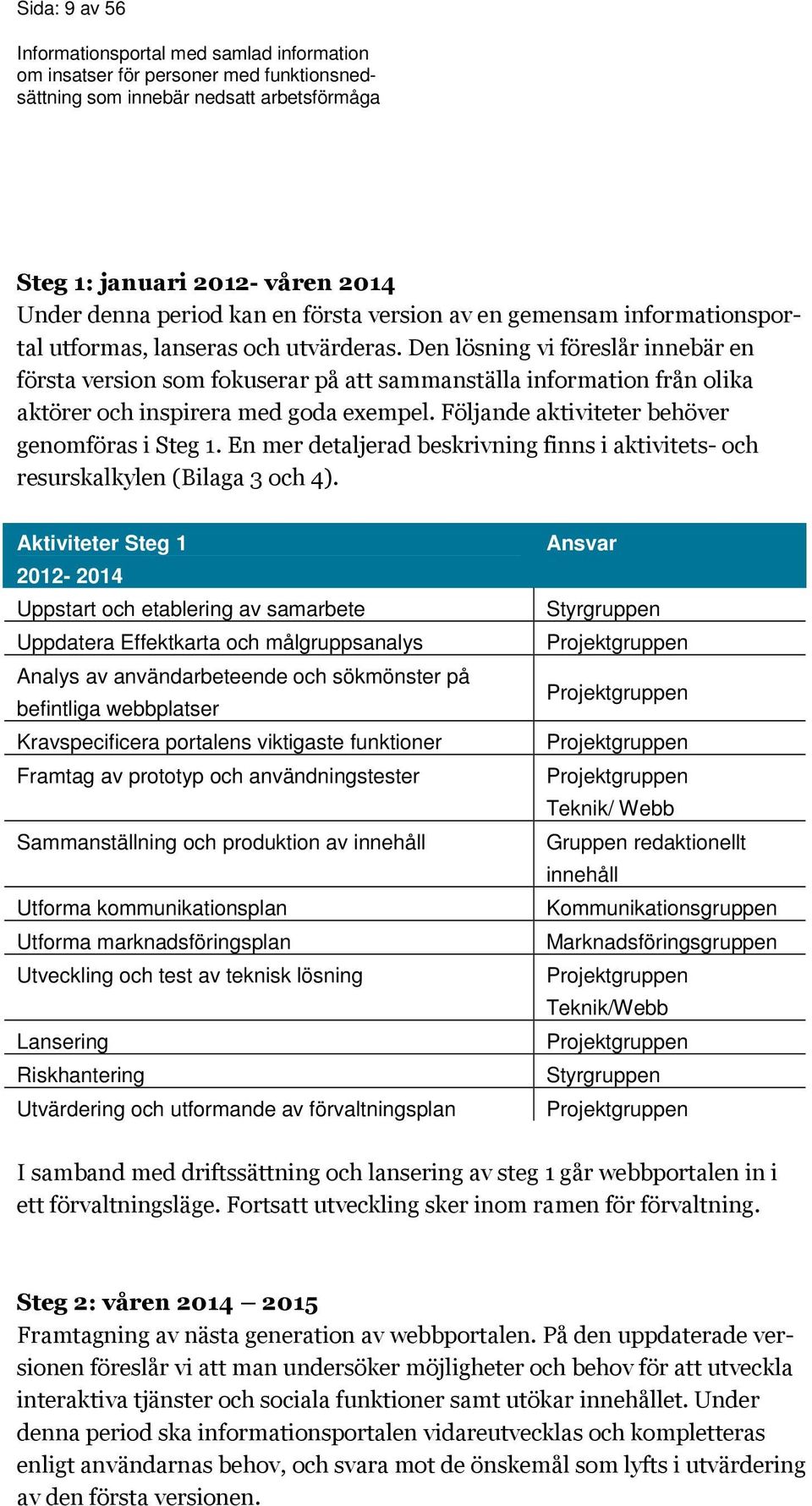 En mer detaljerad beskrivning finns i aktivitets- och resurskalkylen (Bilaga 3 och 4).