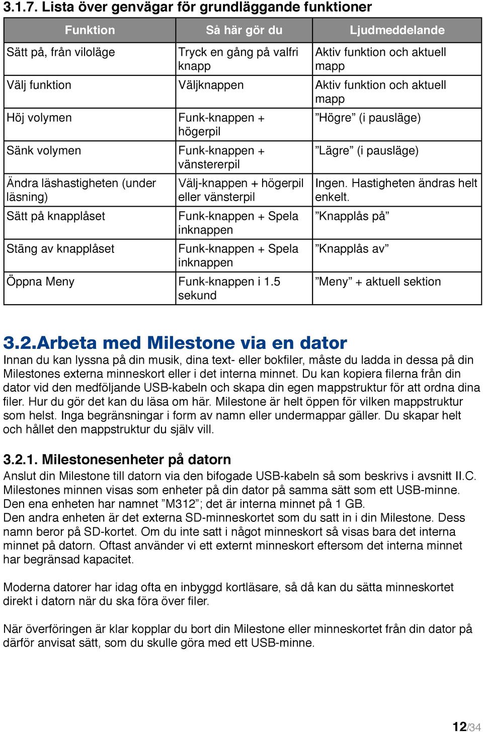 Aktiv funktion och aktuell mapp Höj volymen Funk-knappen + högerpil Sänk volymen Funk-knappen + vänstererpil Ändra läshastigheten (under läsning) Sätt på knapplåset Stäng av knapplåset Välj-knappen +