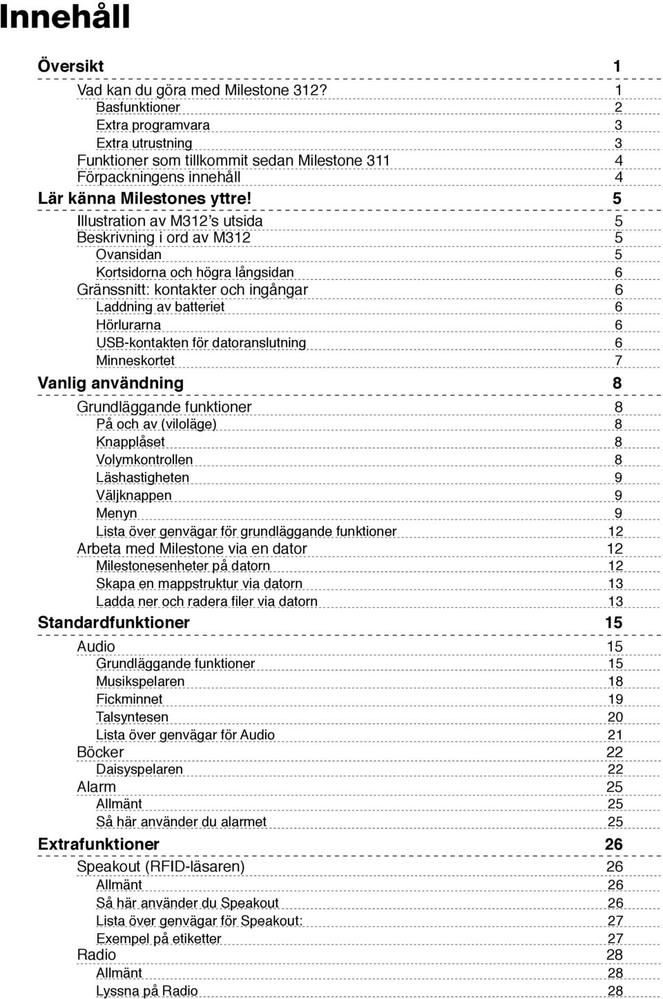 5 Illustration av M312 s utsida 5 Beskrivning i ord av M312 5 Ovansidan 5 Kortsidorna och högra långsidan 6 Gränssnitt: kontakter och ingångar 6 Laddning av batteriet 6 Hörlurarna 6 USB-kontakten för