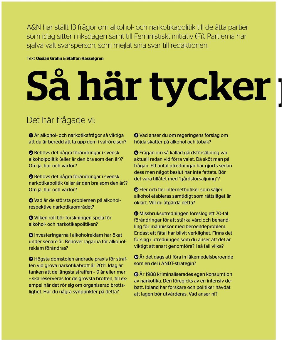 Text Ossian Grahn & Staffan Hasselgren Så här tycker p Det här frågade vi: 1 Är alkohol- och narkotikafrågor så viktiga att du är beredd att ta upp dem i valrörelsen?