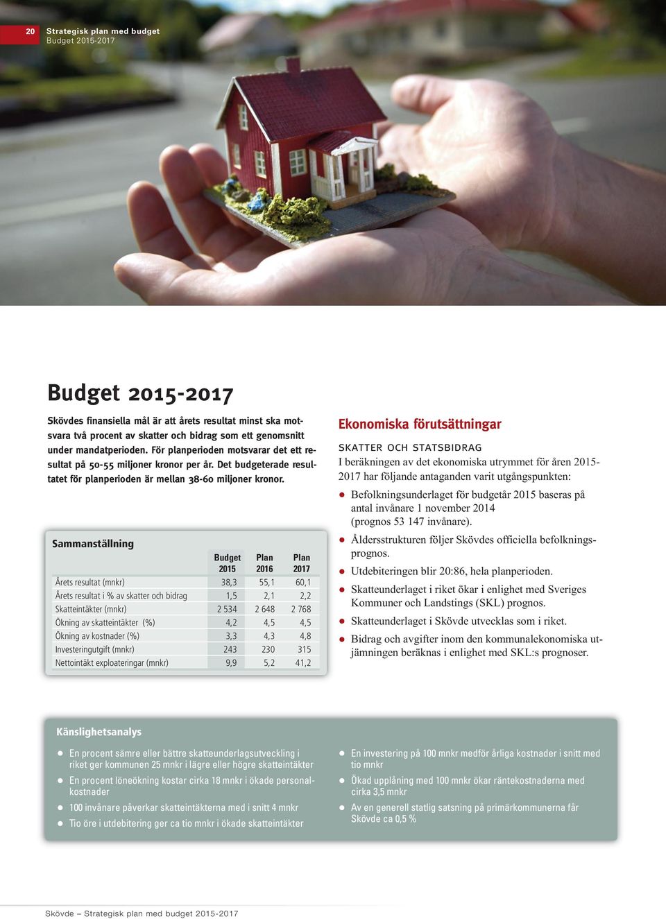 Sammanställning Budget Plan Plan 2015 2016 2017 Årets resultat (mnkr) 38,3 55,1 60,1 Årets resultat i % av skatter och bidrag 1,5 2,1 2,2 Skatteintäkter (mnkr) 2 534 2 648 2 768 Ökning av