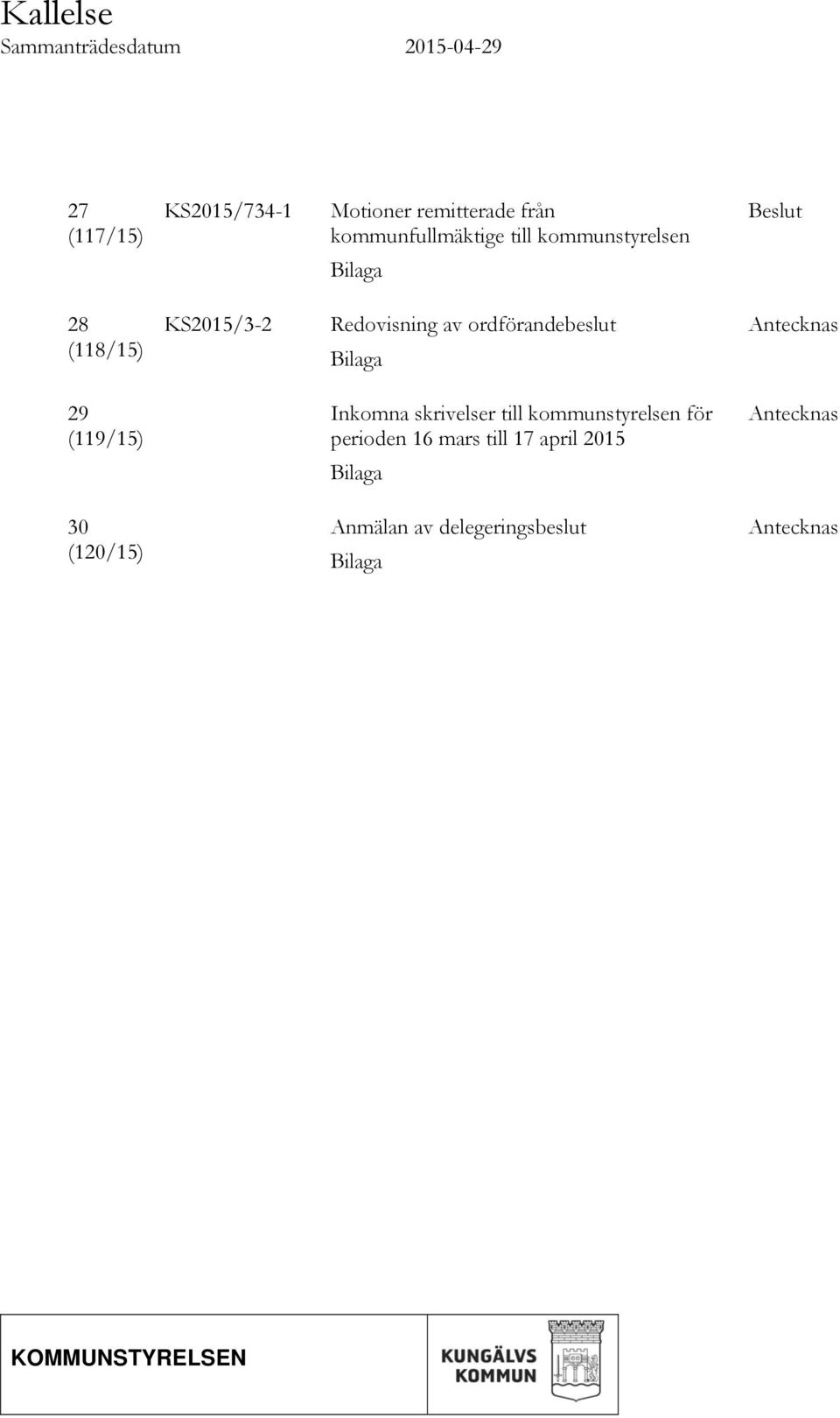 ordförandebeslut Bilaga Antecknas 29 (119/15) Inkomna skrivelser till kommunstyrelsen för perioden