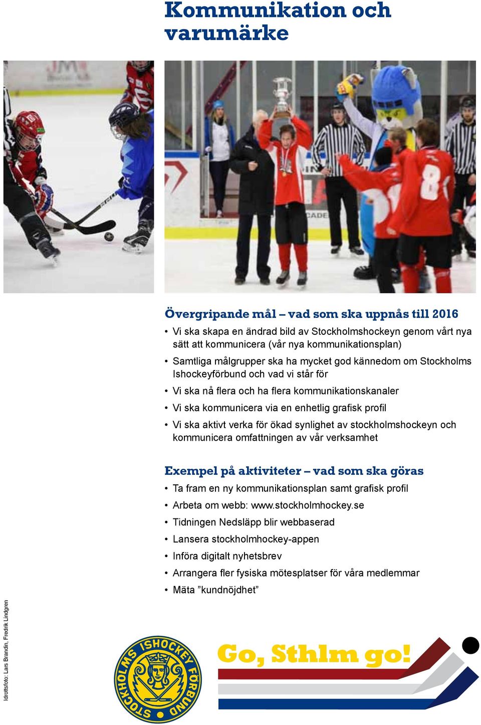 av stockholmshockeyn och kommunicera omfattningen av vår verksamhet Ta fram en ny kommunikationsplan samt grafisk profil Arbeta om webb: www.stockholmhockey.