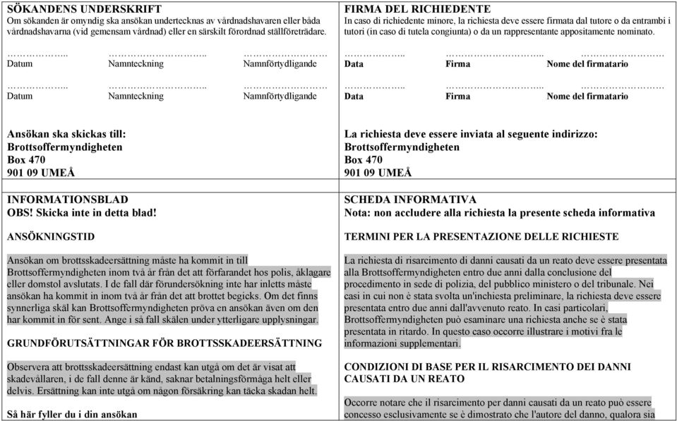 ... Datum Namnteckning Namnförtydligande FIRMA DEL RICHIEDENTE In caso di richiedente minore, la richiesta deve essere firmata dal tutore o da entrambi i tutori (in caso di tutela congiunta) o da un