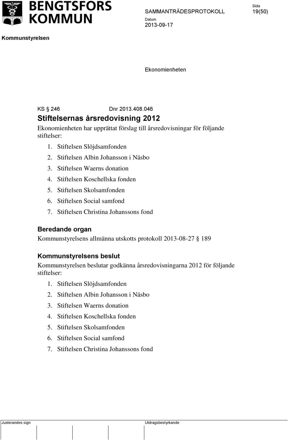 Stiftelsen Christina Johanssons fond Beredande organ s allmänna utskotts protokoll 2013-08-27 189 s beslut beslutar godkänna årsredovisningarna 2012 för följande stiftelser: 1.