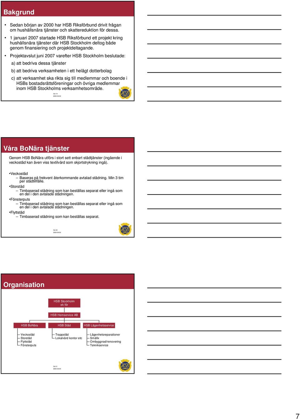 Projektavslut juni 2007 varefter HSB Stockholm beslutade: a) att bedriva dessa tjänster b) att bedriva verksamheten i ett helägt dotterbolag c) att verksamhet ska rikta sig till medlemmar och boende