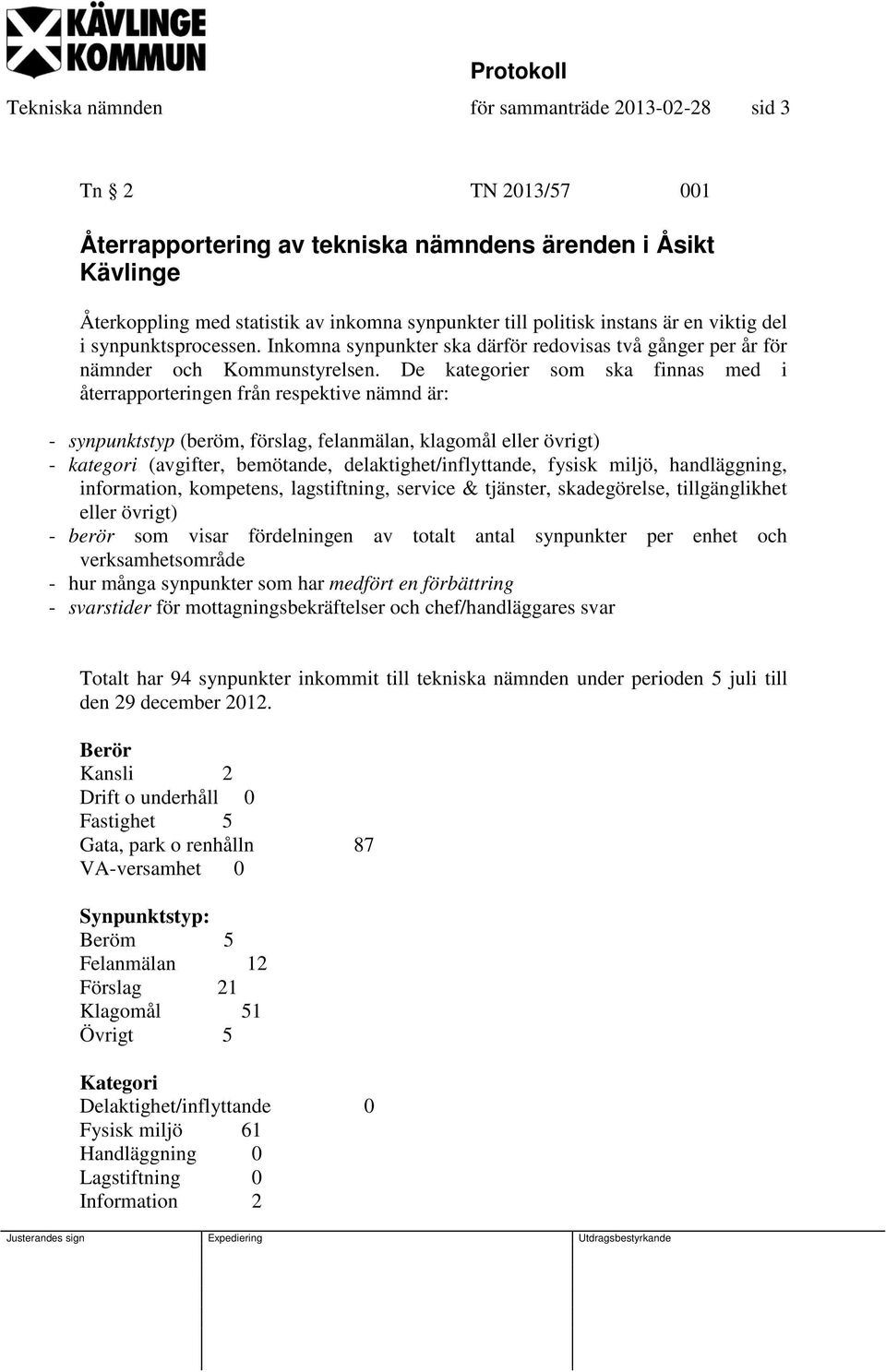 De kategorier som ska finnas med i återrapporteringen från respektive nämnd är: - synpunktstyp (beröm, förslag, felanmälan, klagomål eller övrigt) - kategori (avgifter, bemötande,