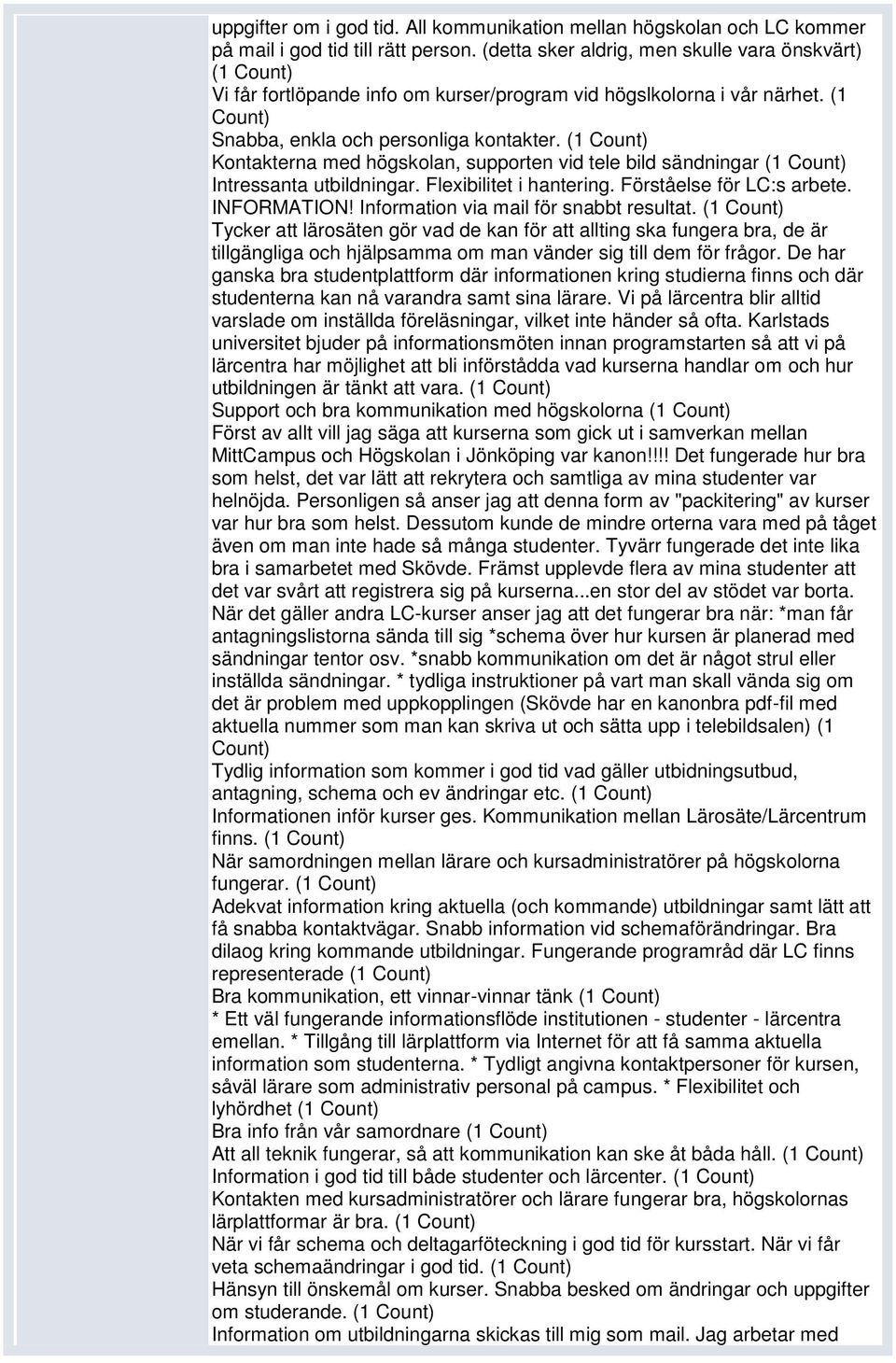 (1 Kontakterna med högskolan, supporten vid tele bild sändningar (1 Intressanta utbildningar. Flexibilitet i hantering. Förståelse för LC:s arbete. INFORMATION!