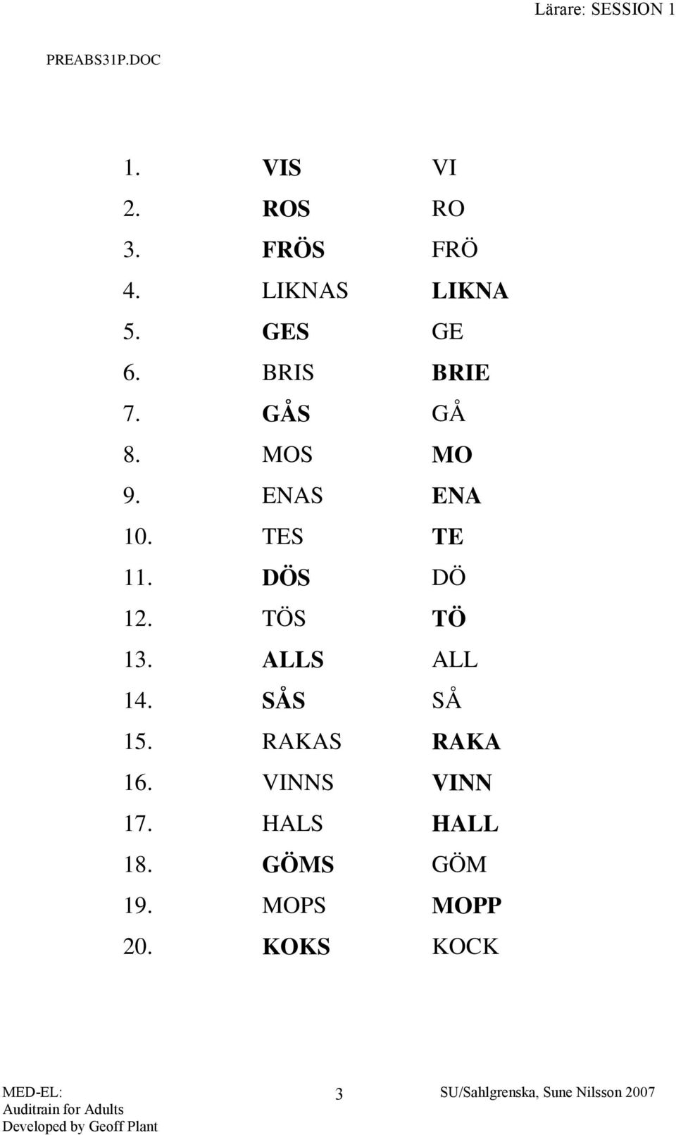 ENAS ENA 10. TES TE 11. DÖS DÖ 12. TÖS TÖ 13. ALLS ALL 14. SÅS SÅ 15.