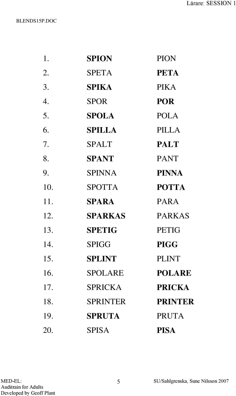 SPOTTA POTTA 11. SPARA PARA 12. SPARKAS PARKAS 13. SPETIG PETIG 14. SPIGG PIGG 15.