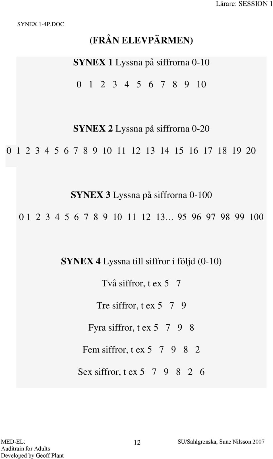 1 2 3 4 5 6 7 8 9 10 11 12 13 14 15 16 17 18 19 20 SYNEX 3 Lyssna på siffrorna 0-100 0 1 2 3 4 5 6 7 8 9 10 11 12