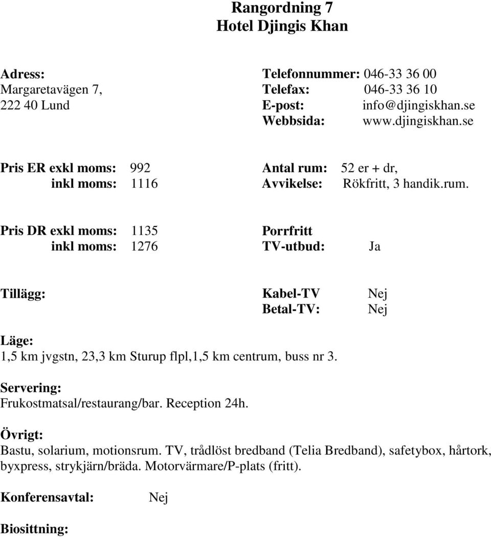 Pris DR exkl moms: 1135 inkl moms: 1276 Tillägg: 1,5 km jvgstn, 23,3 km Sturup flpl,1,5 km centrum, buss nr 3.