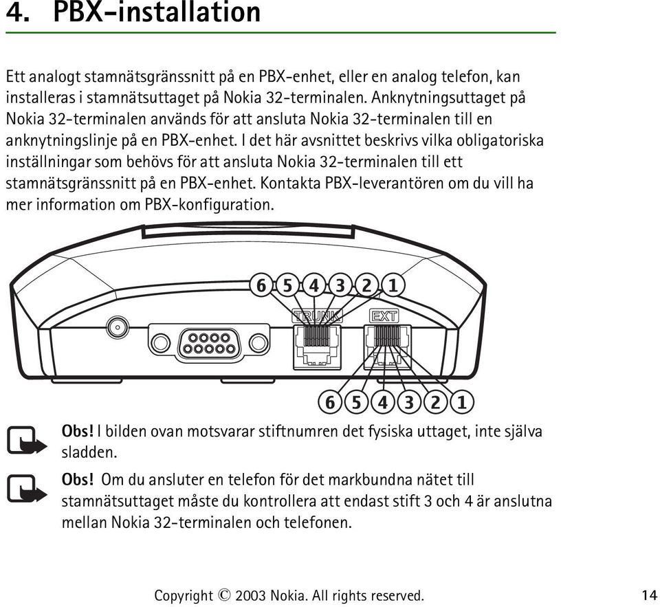 I det här avsnittet beskrivs vilka obligatoriska inställningar som behövs för att ansluta Nokia 32-terminalen till ett stamnätsgränssnitt på en PBX-enhet.