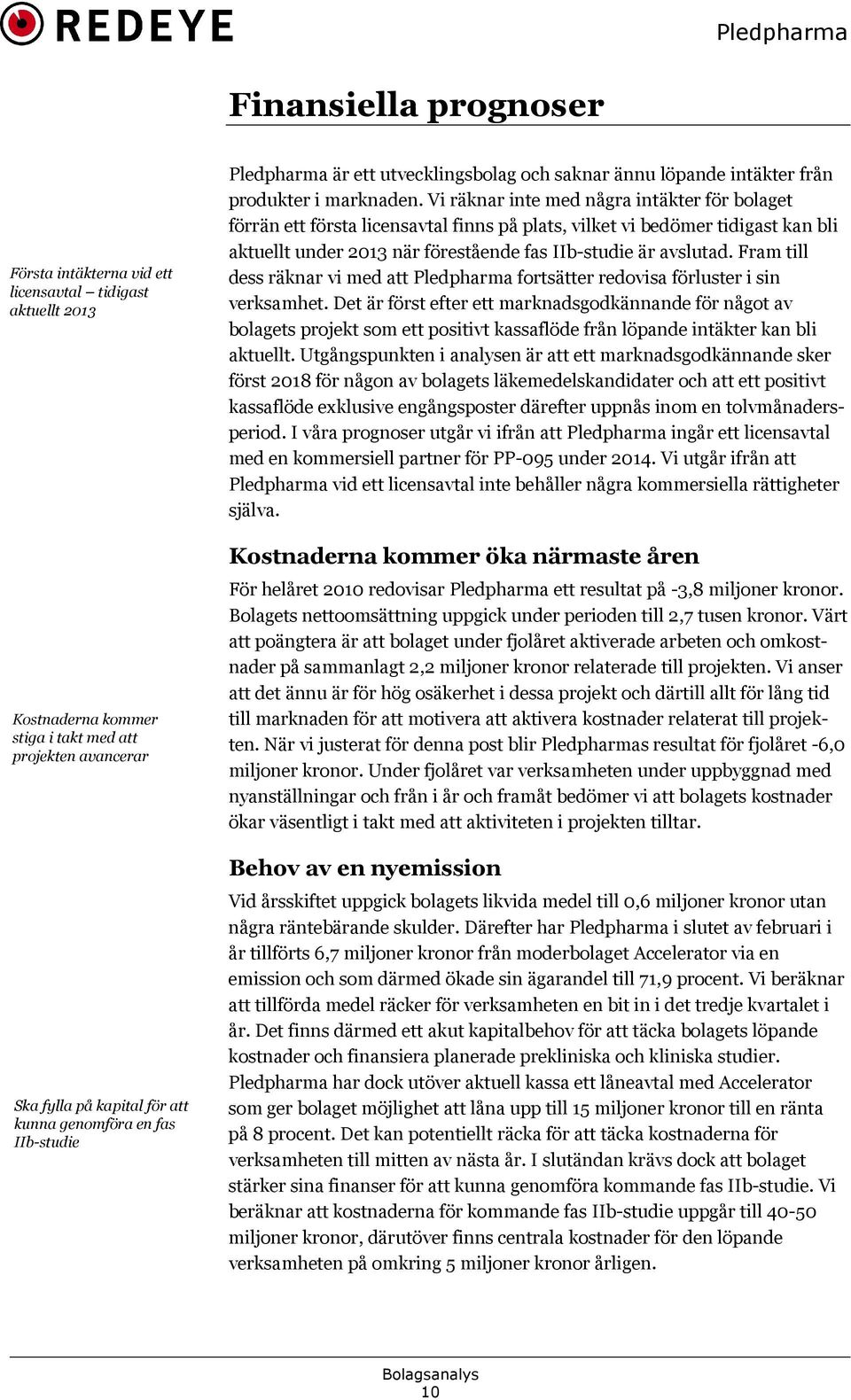 Vi räknar inte med några intäkter för bolaget förrän ett första licensavtal finns på plats, vilket vi bedömer tidigast kan bli aktuellt under 2013 när förestående fas IIb-studie är avslutad.