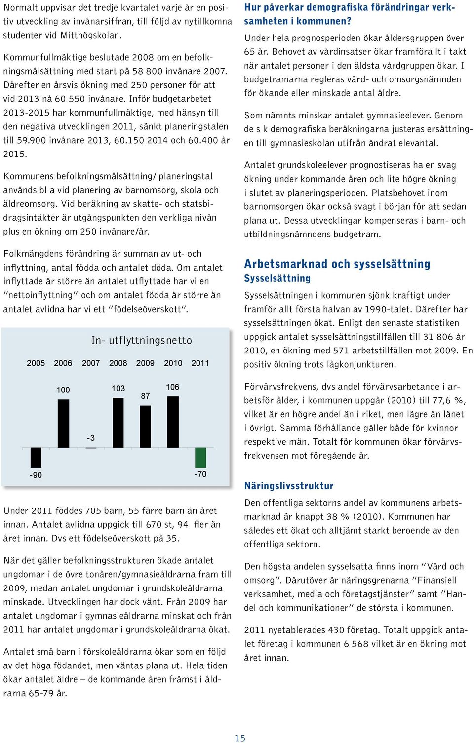 Inför budgetarbetet 2013-2015 har kommunfullmäktige, med hänsyn till den negativa utvecklingen 2011, sänkt planeringstalen till 59.900 invånare 2013, 60.150 2014 och 60.400 år 2015.