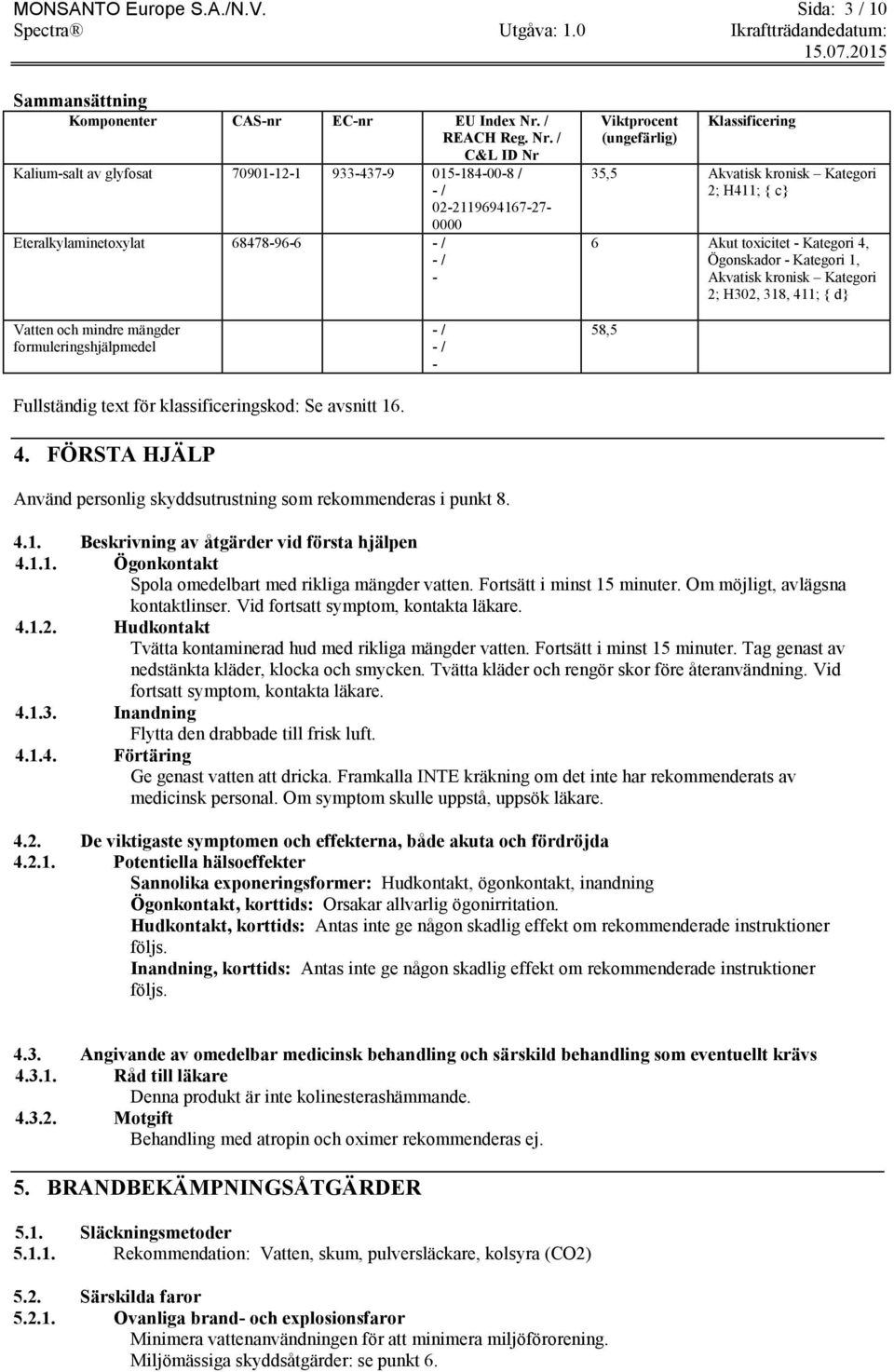 / C&L ID Nr Kalium-salt av glyfosat 70901-12-1 933-437-9 015-184-00-8 / - / 02-2119694167-27-0000 Eteralkylaminetoxylat 68478-96-6 - / - / - Viktprocent (ungefärlig) Klassificering 35,5 Akvatisk