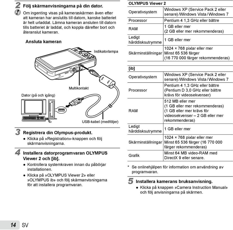 Ansluta kameran Dator (på och igång) Multikontakt Indikatorlampa USB-kabel (medföljer) 3 Registrera din Olympus-produkt. Klicka på»registration»-knappen och följ skärmanvisningarna.