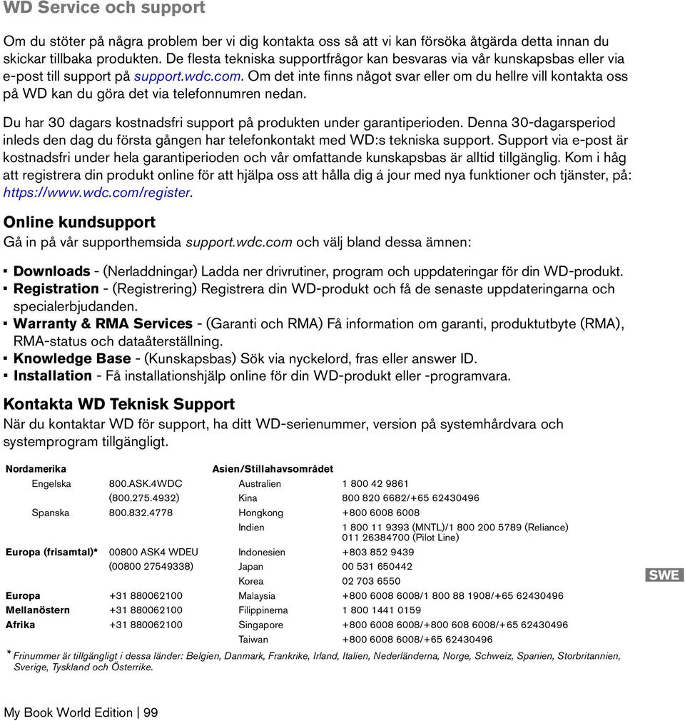 Om det inte finns något svar eller om du hellre vill kontakta oss på WD kan du göra det via telefonnumren nedan. Du har 30 dagars kostnadsfri support på produkten under garantiperioden.