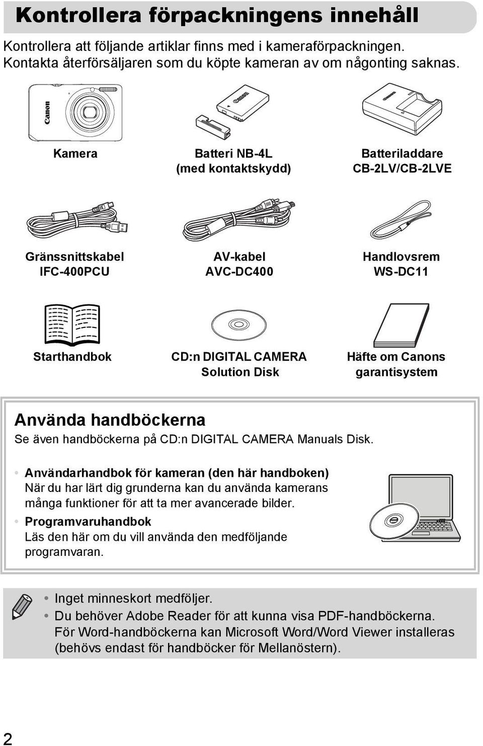 garantisystem Använda handböckerna Se även handböckerna på CD:n DIGITAL CAMERA Manuals Disk.