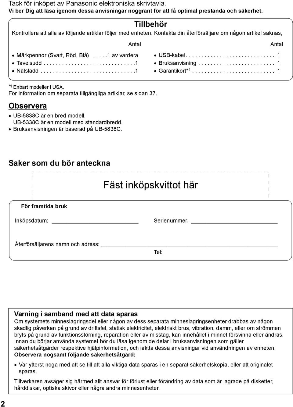 ..............................1 Antal USB-kabel............................. 1 Bruksanvisning......................... 1 Garantikort* 1........................... 1 *1 Enbart modeller i USA.