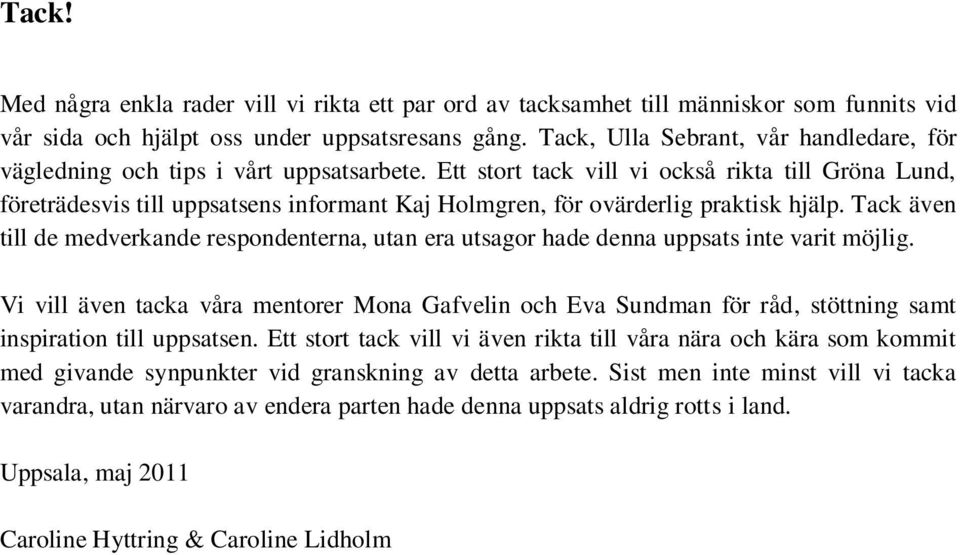Ett stort tack vill vi också rikta till Gröna Lund, företrädesvis till uppsatsens informant Kaj Holmgren, för ovärderlig praktisk hjälp.