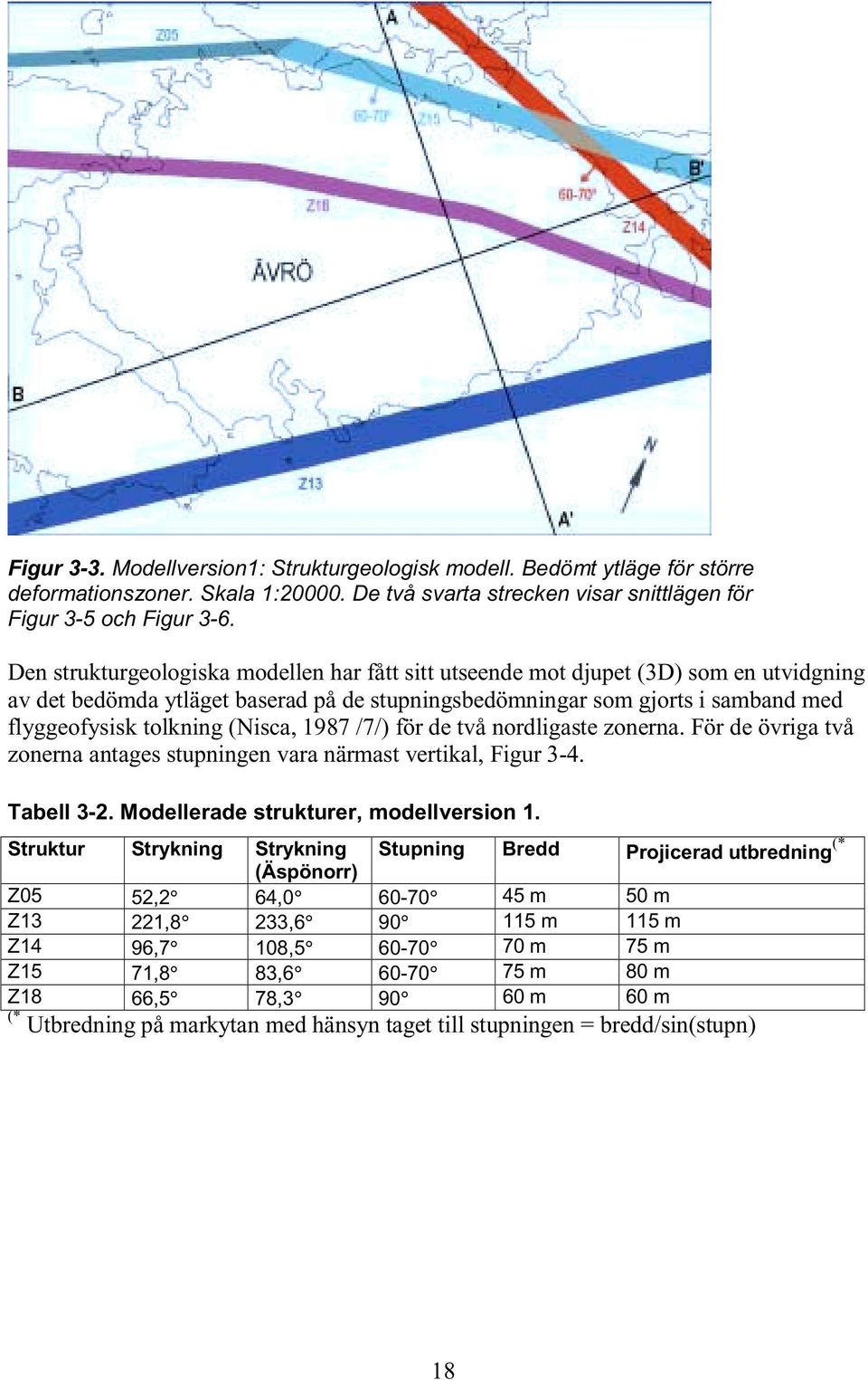 (Nisca, 1987 /7/) för de två nordligaste zonerna. För de övriga två zonerna antages stupningen vara närmast vertikal, Figur 3-4. Tabell 3-2. Modellerade strukturer, modellversion 1.