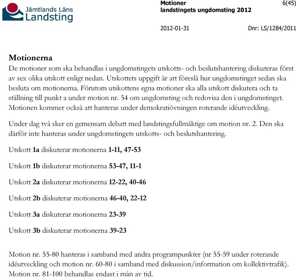 54 om ungdomsting och redovisa den i ungdomstinget. Motionen kommer också att hanteras under demokratiövningen roterande idéutveckling.