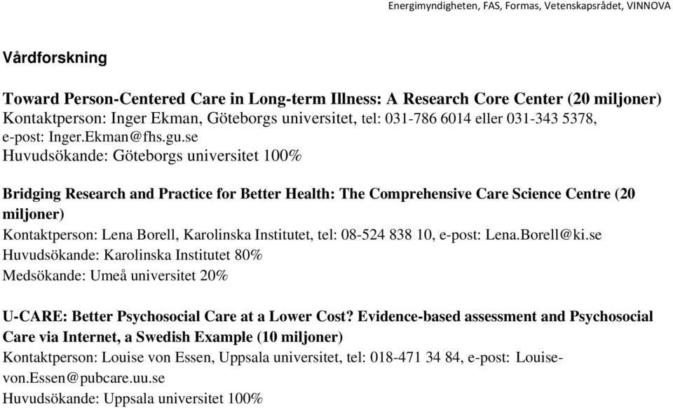 se Huvudsökande: Göteborgs universitet 100% Bridging Research and Practice for Better Health: The Comprehensive Care Science Centre (20 miljoner) Kontaktperson: Lena Borell, Karolinska Institutet,