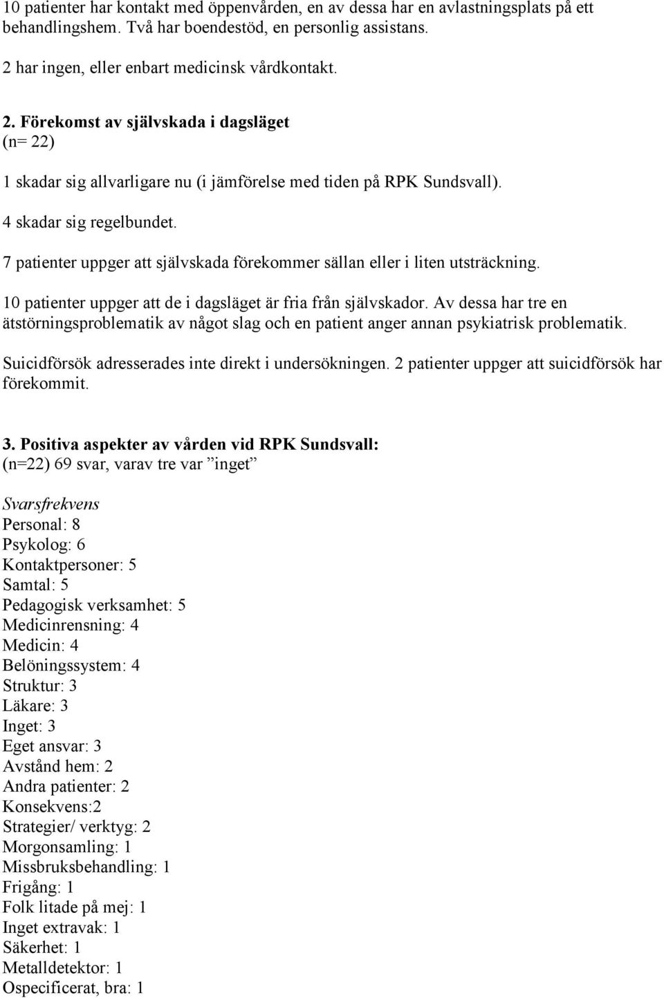 7 patienter uppger att självskada förekommer sällan eller i liten utsträckning. 10 patienter uppger att de i dagsläget är fria från självskador.