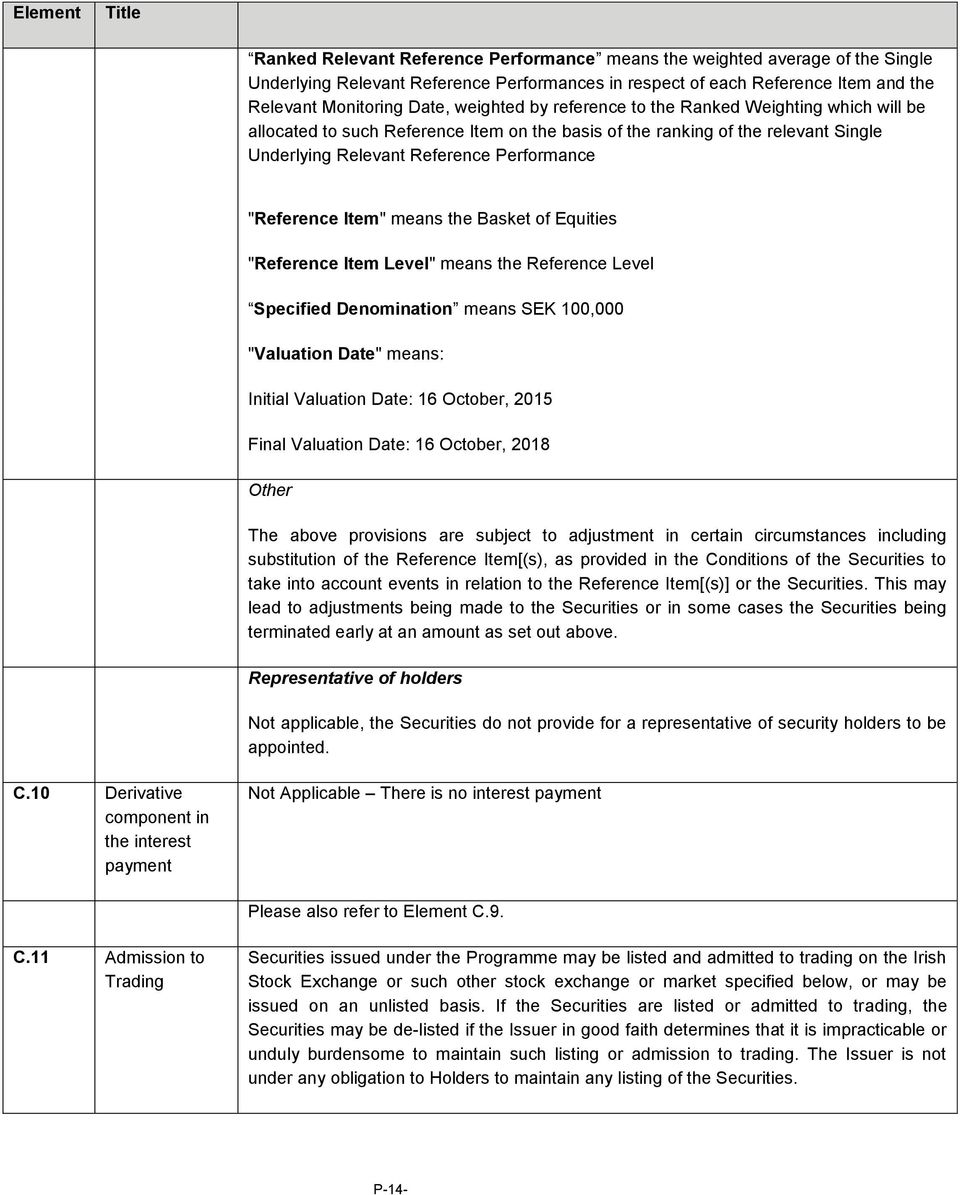 "Reference Item" means the Basket of Equities "Reference Item Level" means the Reference Level Specified Denomination means SEK 100,000 "Valuation Date" means: Initial Valuation Date: 16 October,