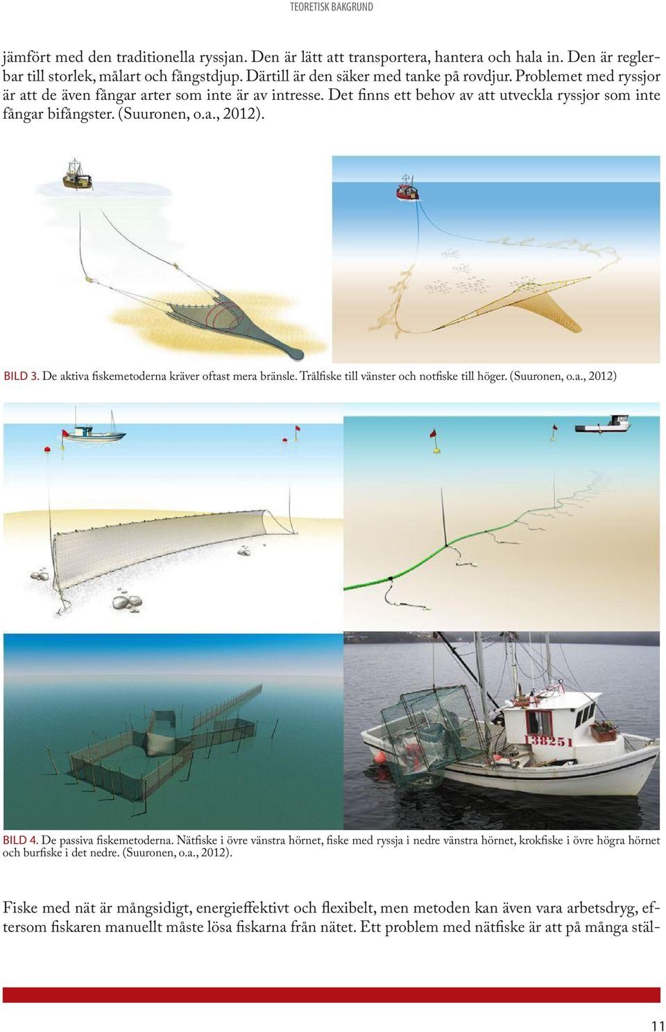 (Suuronen, o.a., 2012). BILD 3. De aktiva fiskemetoderna kräver oftast mera bränsle. Trålfiske till vänster och notfiske till höger. (Suuronen, o.a., 2012) BILD 4. De passiva fiskemetoderna.