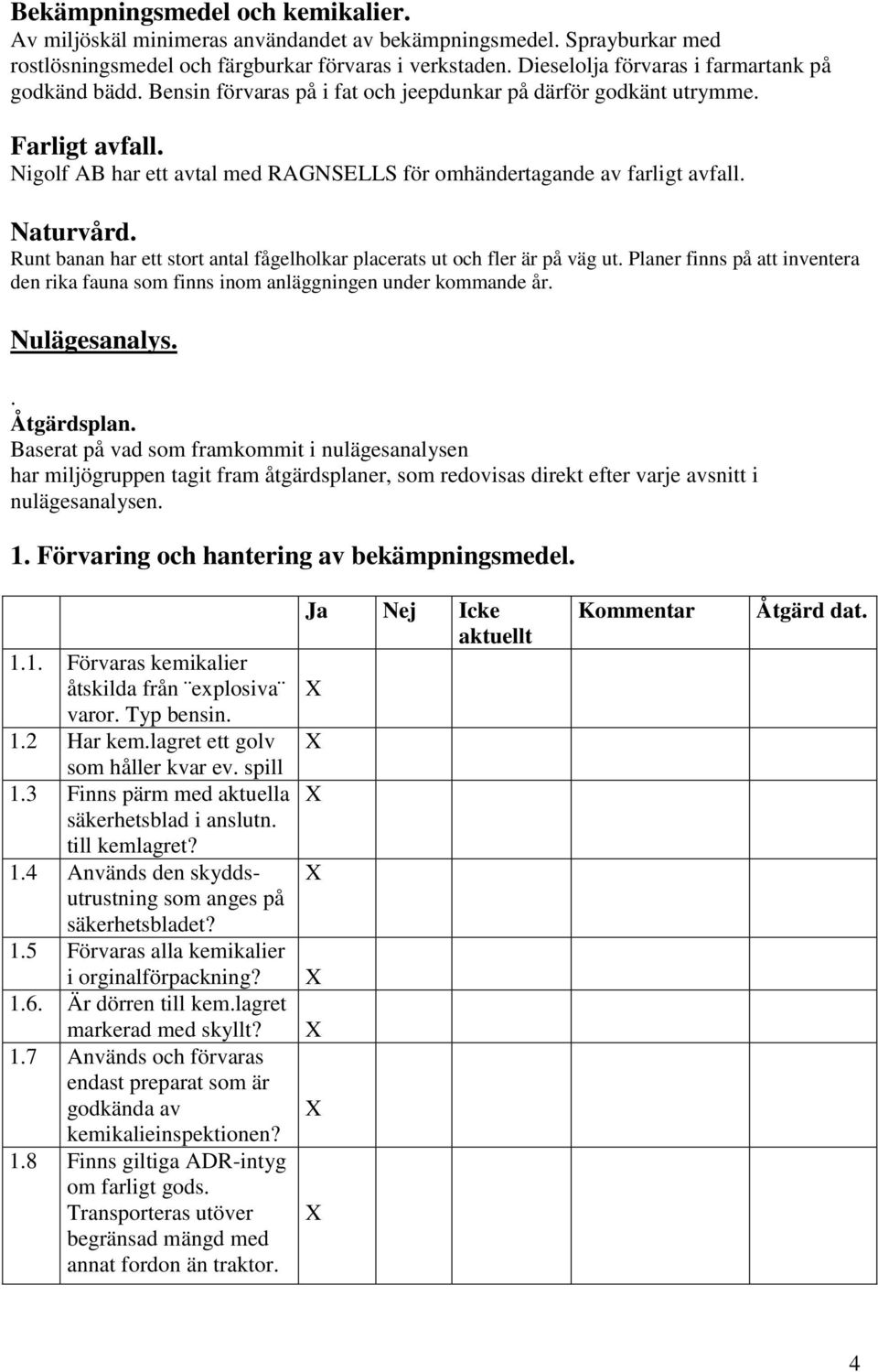 Nigolf AB har ett avtal med RAGNSELLS för omhändertagande av farligt avfall. Naturvård. Runt banan har ett stort antal fågelholkar placerats ut och fler är på väg ut.