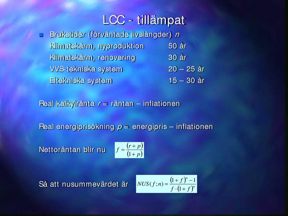 Real kalkylränta r räntan inflationen Real energiprisökning p energipris inflationen