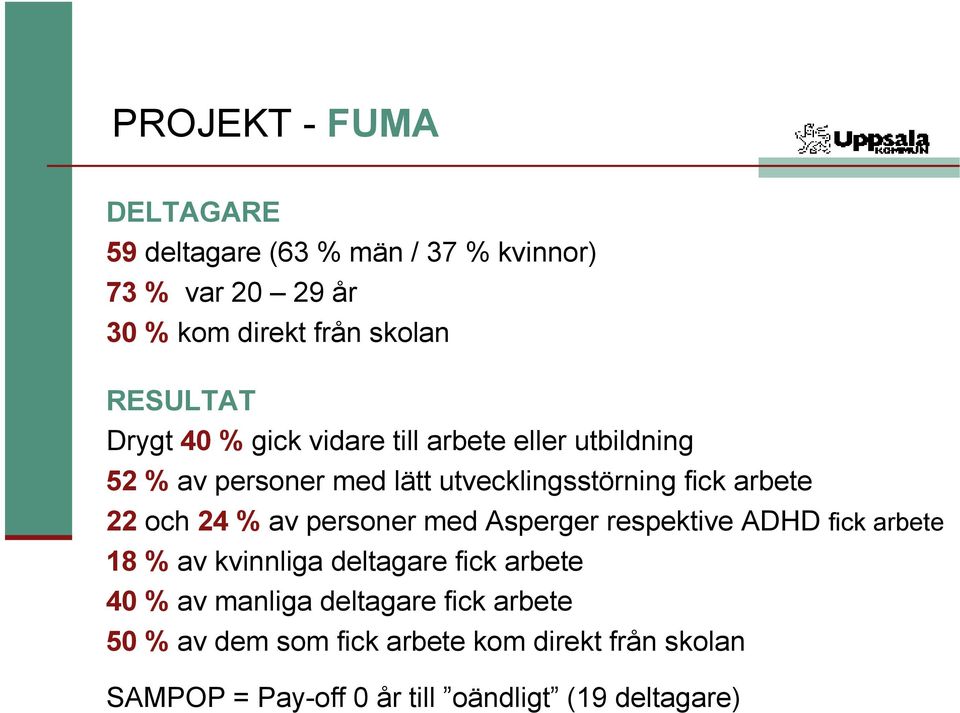 24 % av personer med Asperger respektive ADHD fick arbete 18 % av kvinnliga deltagare fick arbete 40 % av manliga