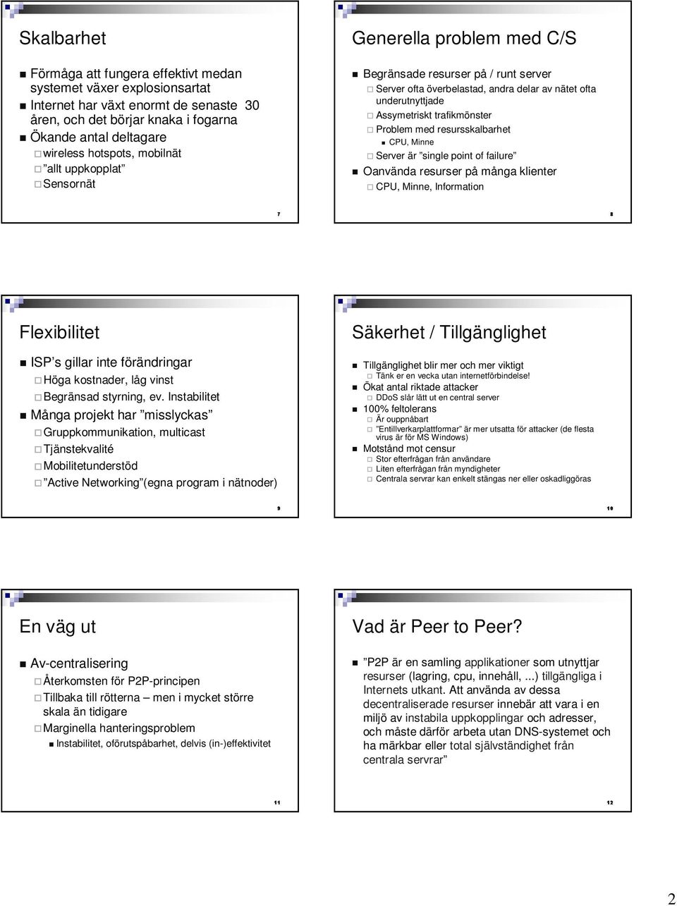 Problem med resursskalbarhet PU, Minne Server är single point of failure Oanvända resurser på många klienter PU, Minne, Information Flexibilitet Säkerhet / Tillgänglighet ISP s gillar inte