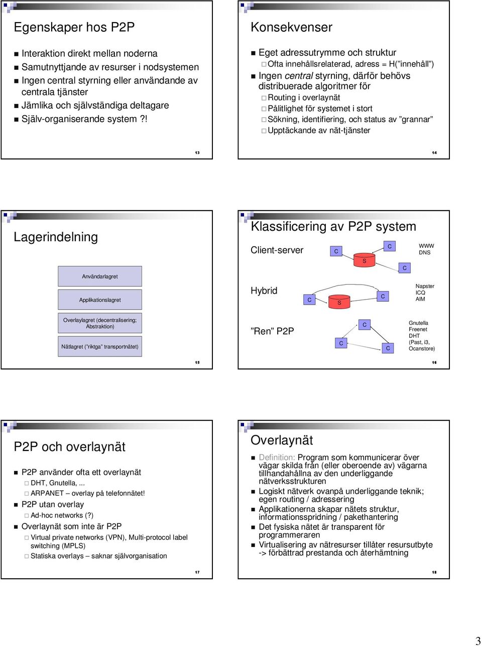 ! Eget adressutrymme och struktur Ofta innehållsrelaterad, adress = H( innehåll ) Ingen central styrning, därför behövs distribuerade algoritmer för Routing i overlaynät Pålitlighet för systemet i