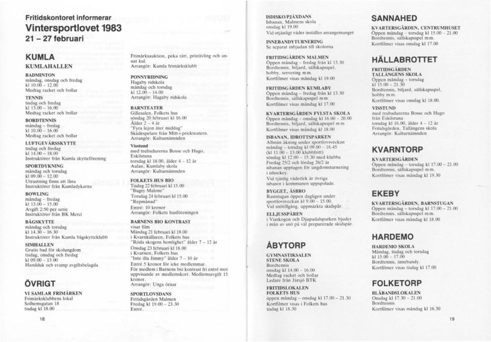 iillskapsspel mm. Kortfilmer visas onsdag kl 17.00 KUMLA KUMLAHALLEN BADMINTON måndag. onsdag och fredag kl 10.00-12.00 Medtag racket och bollar TL'1'Io1S tisdag och fredag kl 13.00-16.