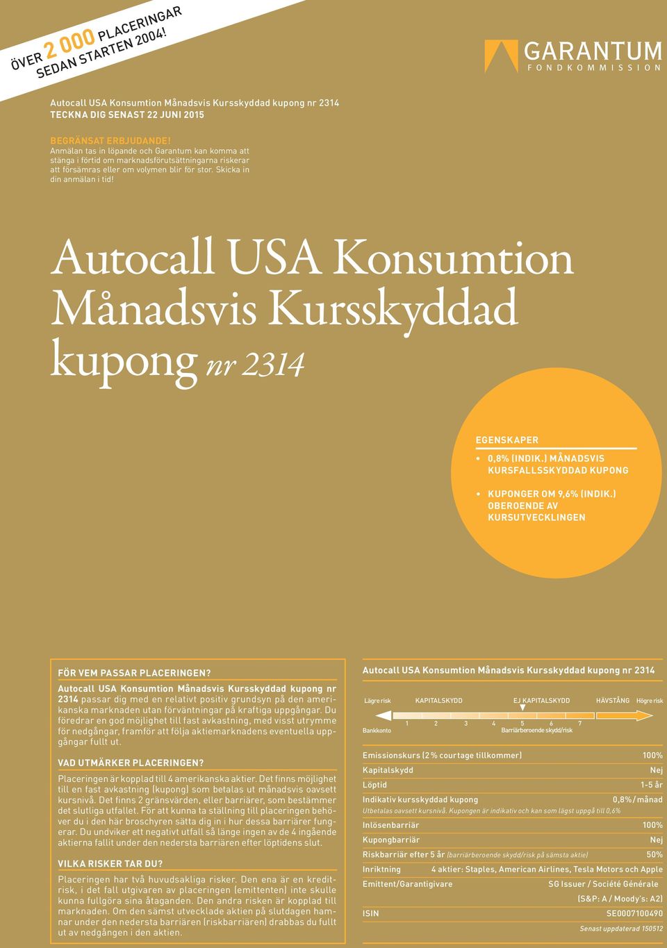 Autocall USA Konsumtion Månadsvis Kursskyddad kupong nr 2314 EGENSKAPER 0,8% (INDIK.) MÅNADSVIS KURSFALLSSKYDDAD KUPONG KUPONGER OM 9,6% (INDIK.