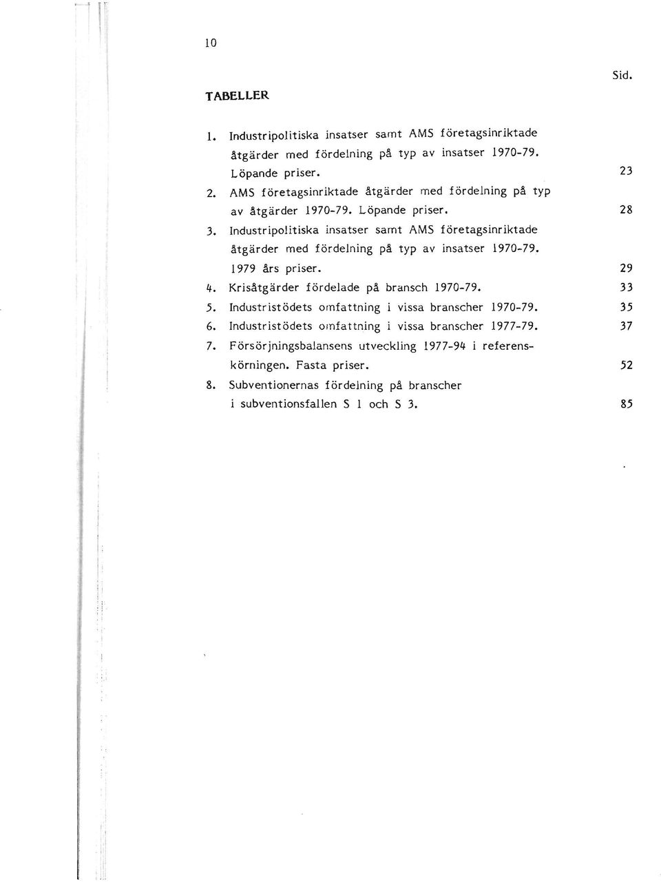 Industripolitiska insatser samt AMS företagsinriktade åtgärder med fördelning på typ av insatser 1970-79. 1979 års priser. 4. Krisåtgärder fördelade på bransch 1970-79. 5.