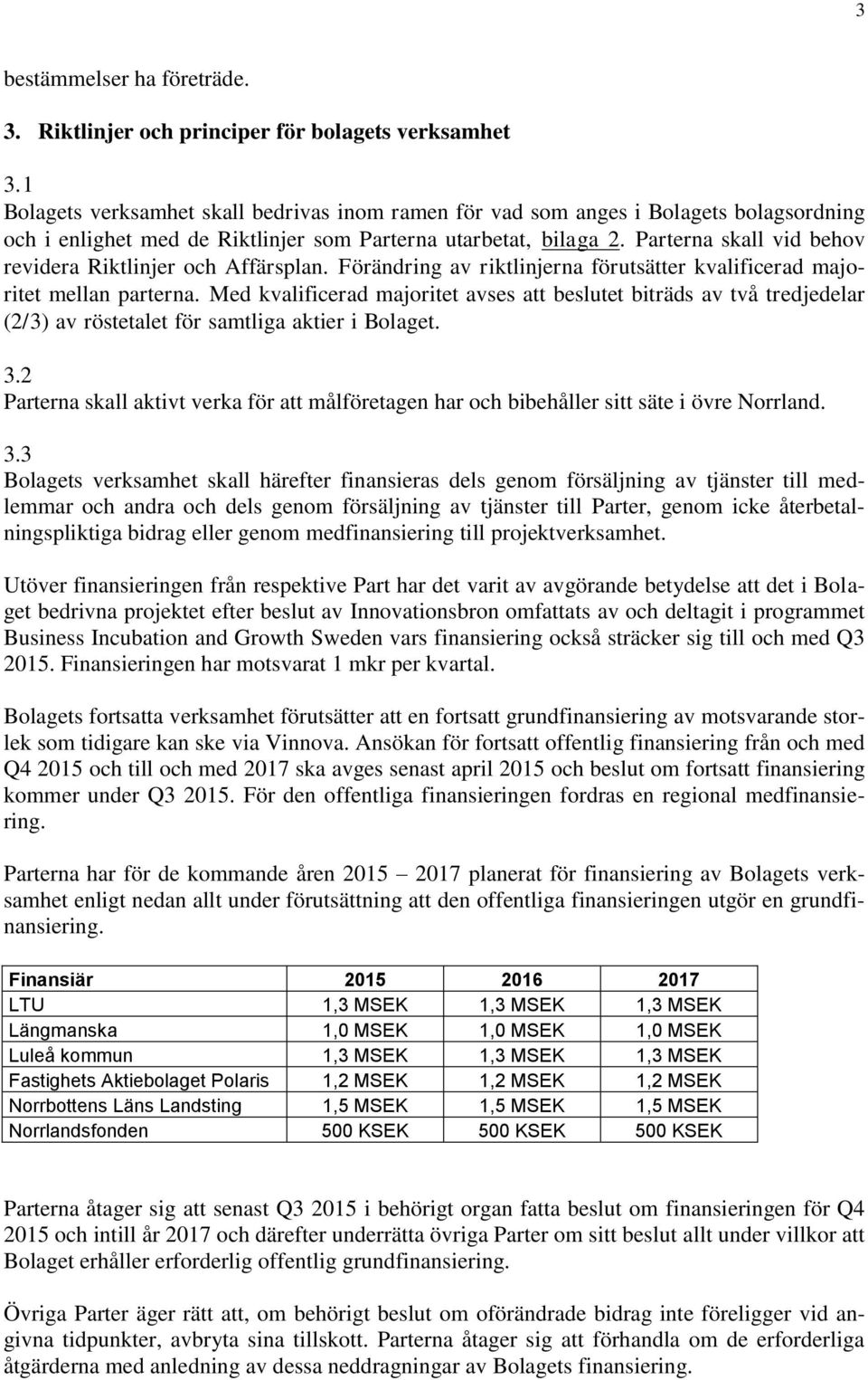 Parterna skall vid behov revidera Riktlinjer och Affärsplan. Förändring av riktlinjerna förutsätter kvalificerad majoritet mellan parterna.