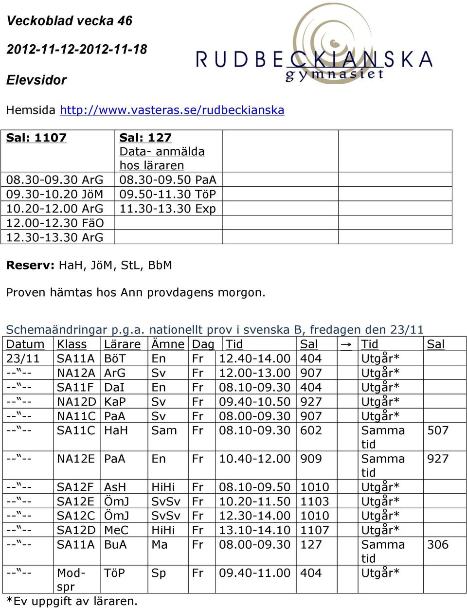 40-14.00 404 Utgår* -- -- NA12A ArG Sv Fr 12.00-13.00 907 Utgår* -- -- SA11F DaI En Fr 08.10-09.30 404 Utgår* -- -- NA12D KaP Sv Fr 09.40-10.50 927 Utgår* -- -- NA11C PaA Sv Fr 08.00-09.