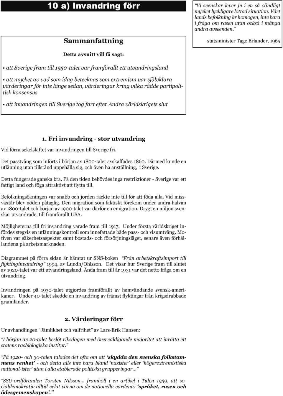 statsminister Tage Erlander, 1965 Detta avsnitt vill få sagt: att Sverige fram till 1930-talet var framförallt ett utvandringsland att mycket av vad som idag betecknas som extremism var självklara