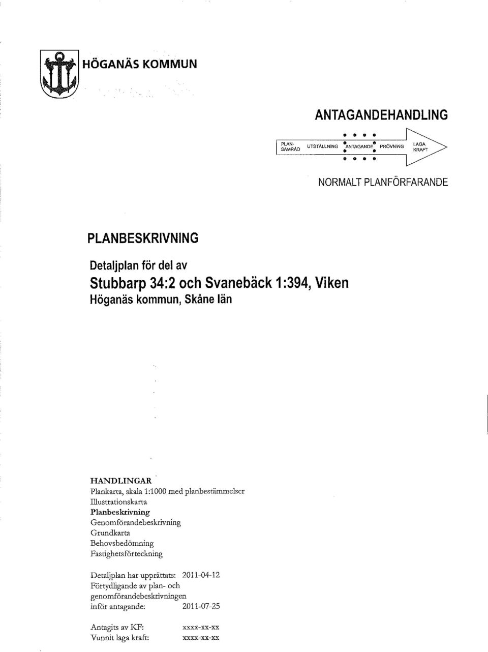 Illustrarlonskarta Planbeskrivning Genomförandebeskrivrung Grundkarta Behovsbedömning Fastighetsförteckning etaljplan har upprättats: