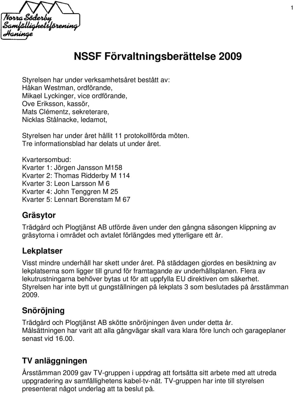 Kvartersombud: Kvarter 1: Jörgen Jansson M158 Kvarter 2: Thomas Ridderby M 114 Kvarter 3: Leon Larsson M 6 Kvarter 4: John Tenggren M 25 Kvarter 5: Lennart Borenstam M 67 Gräsytor Trädgård och