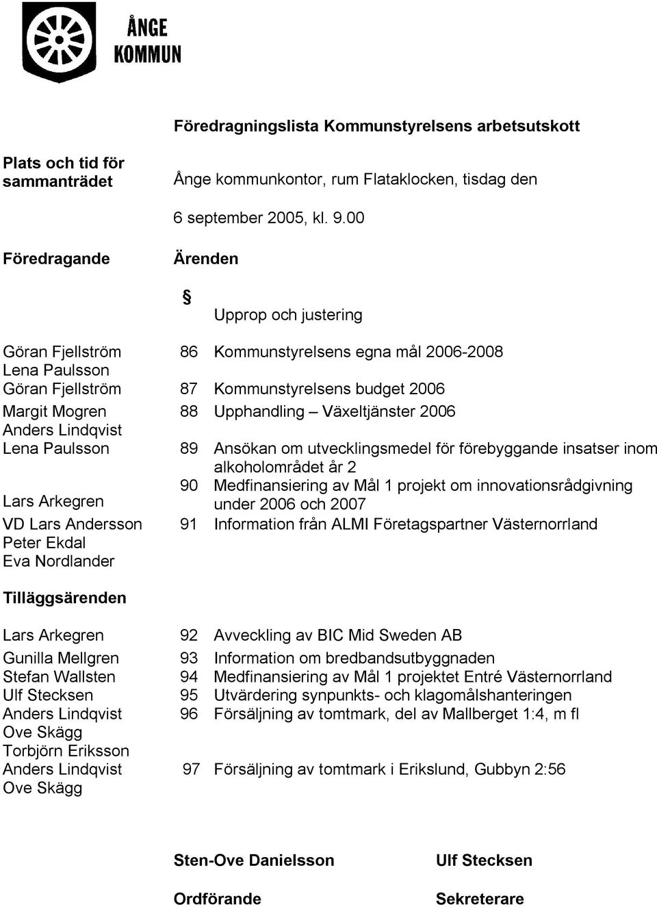 Växeltjänster 2006 Anders Lindqvist Lena Paulsson 89 Ansökan om utvecklingsmedel för förebyggande insatser inom alkoholområdet år 2 90 Medfinansiering av Mål 1 projekt om innovationsrådgivning Lars