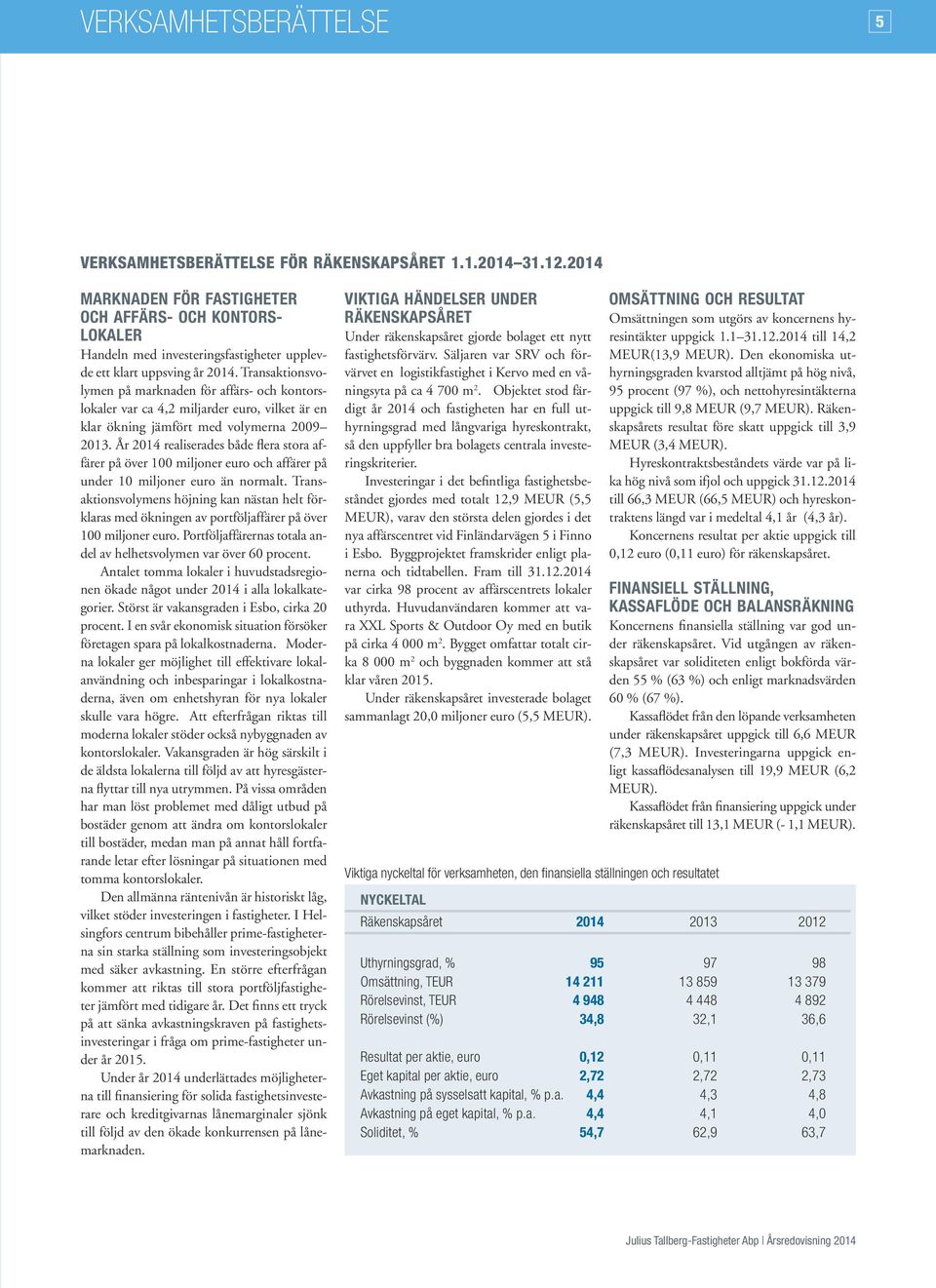 Transaktionsvolymen på marknaden för affärs- och kontorslokaler var ca 4,2 miljarder euro, vilket är en klar ökning jämfört med volymerna 2009 2013.