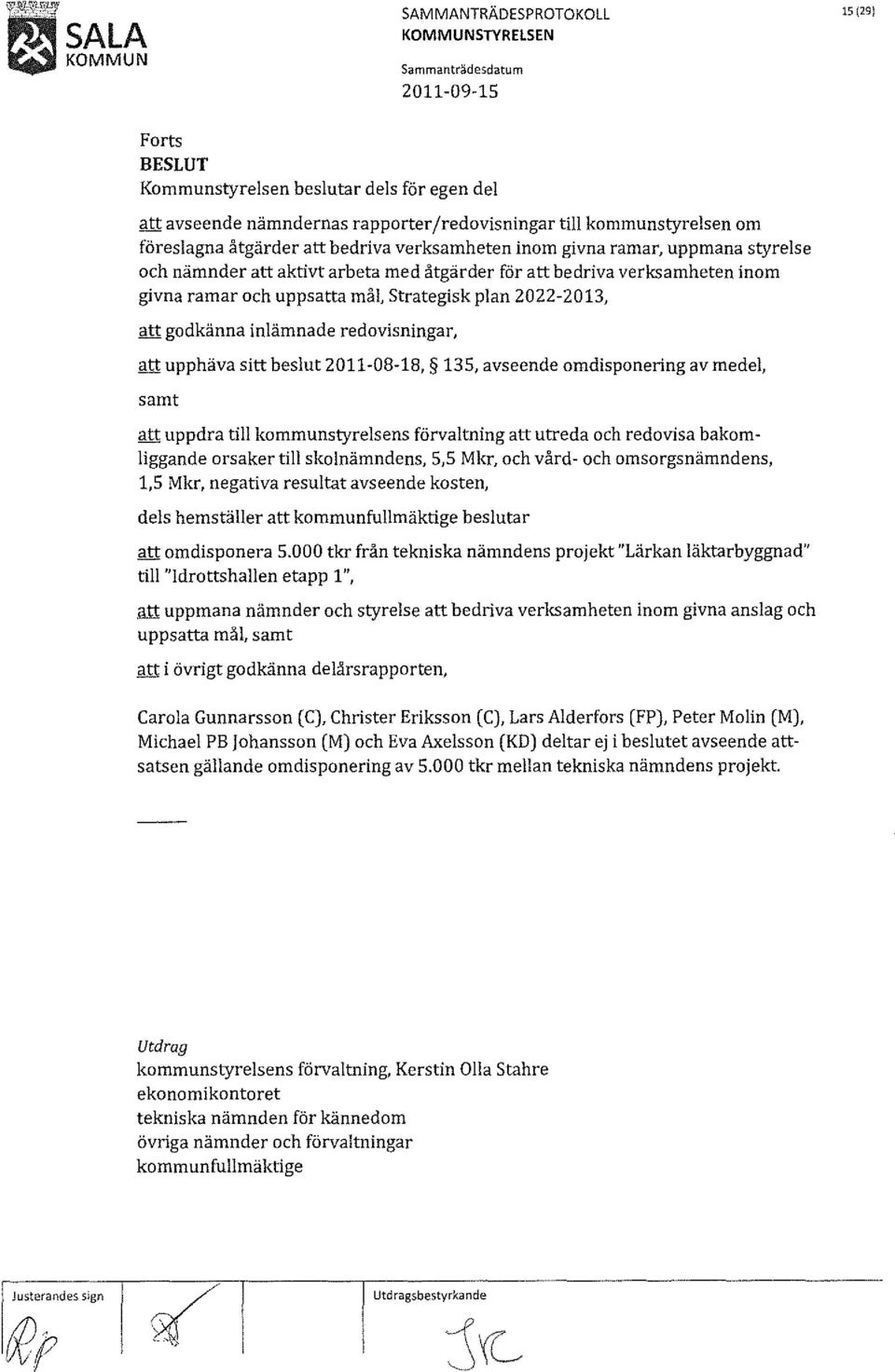 uppsatta mål, Strategisk plan 2022-2013, att godkänna inlämnade redovisningar, att upphäva sitt beslut 2011-08-18, 135, avseende omdisponering av medel, samt att uppdra till kommunstyrelsens