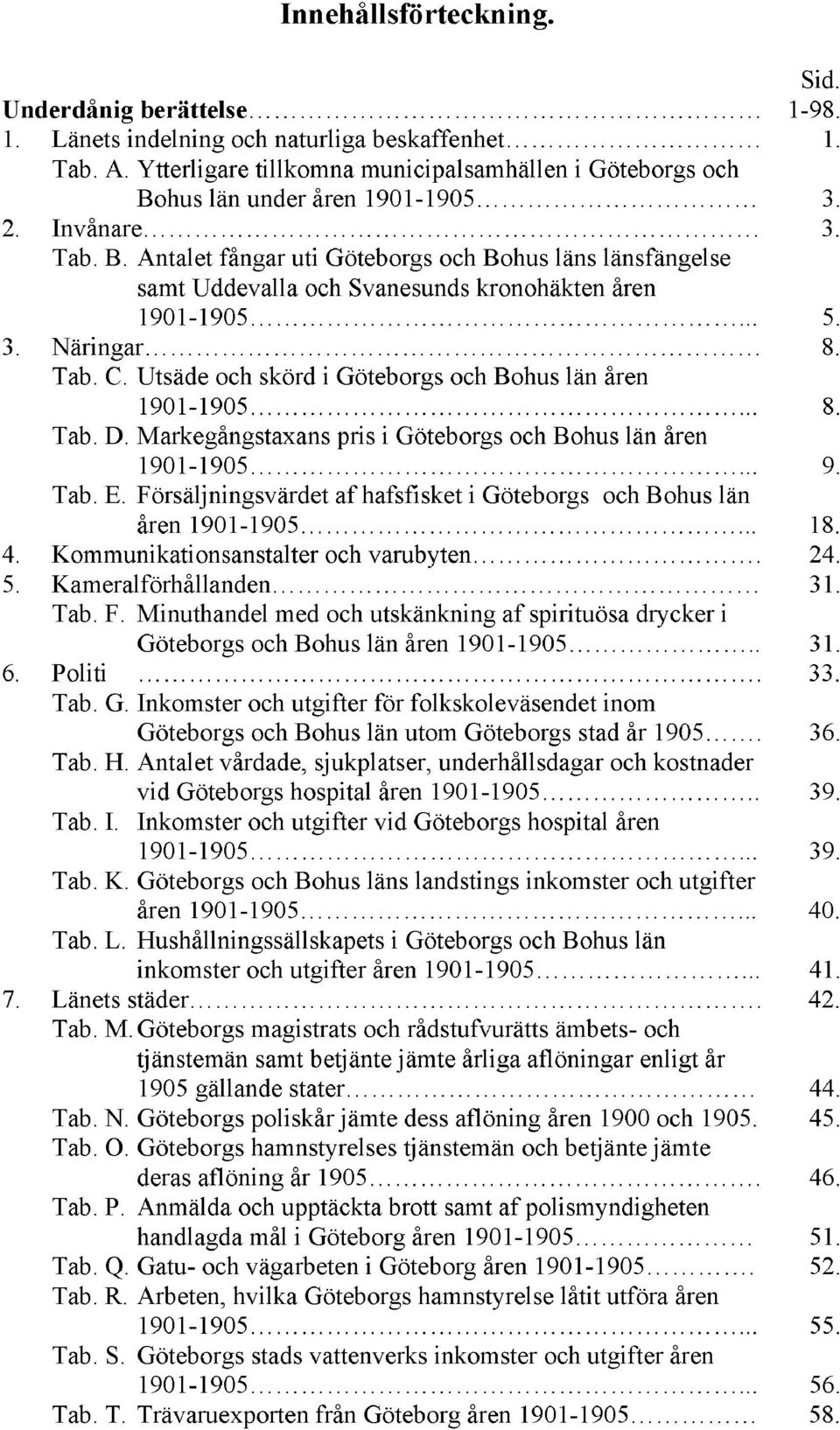 .. 5. 3. Näringar 8. Tab. C. Utsäde och skörd i Göteborgs och Bohus län åren 1901-1905... 8. Tab. D. Markegångstaxans pris i Göteborgs och Bohus län åren 1901-1905... 9. Tab. E.